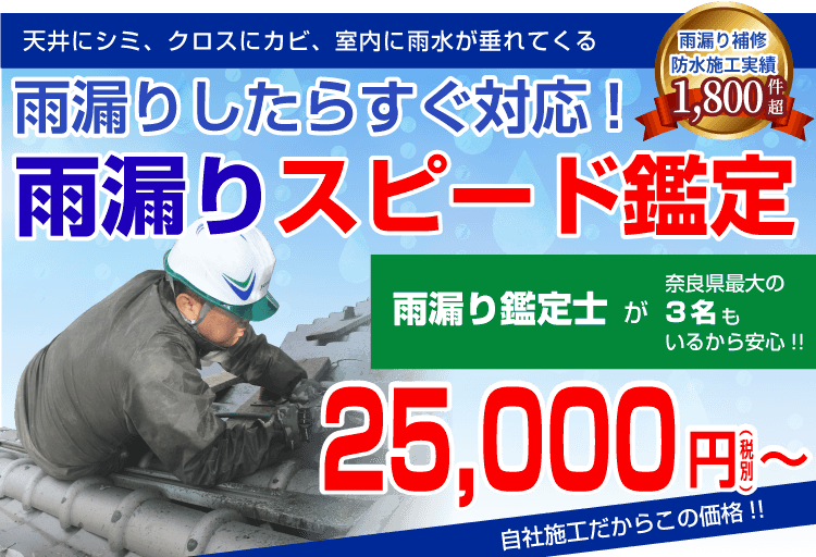雨漏りしたらすぐ対応!雨漏りスピード鑑定 雨漏り鑑定士が奈良県最大の3名もいるから安心!