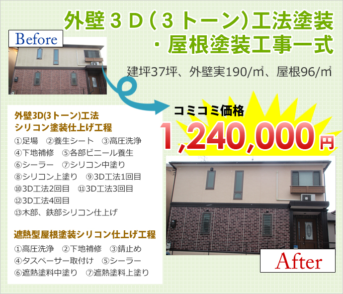 外壁3D(3トーン)工法塗装・屋根塗装工事一式 建坪37坪、外壁実190/㎡、屋根96/㎡ コミコミ価格1,240,000円