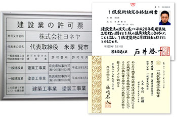 奈良の香芝の株式会社ヨネヤの外壁塗装と屋根塗装の建設業の許可票1級技術検定合格証明書