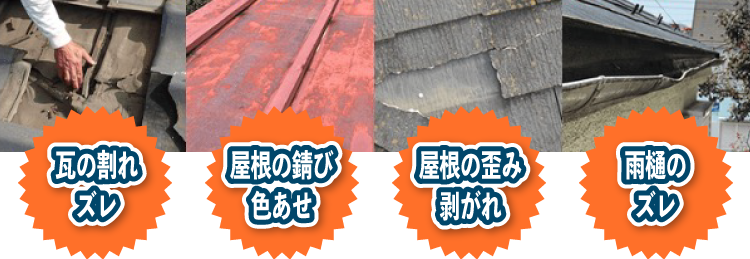 瓦のワレ・ズレ、屋根のサビ・色褪せ、屋根のゆがみ・はがれ、雨どいのズレ