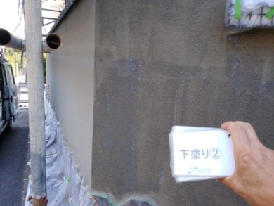 奈良香芝市M様邸　外壁塗装・ベランダ防水工事・外塀塗装 外塀塗装下塗り2回目