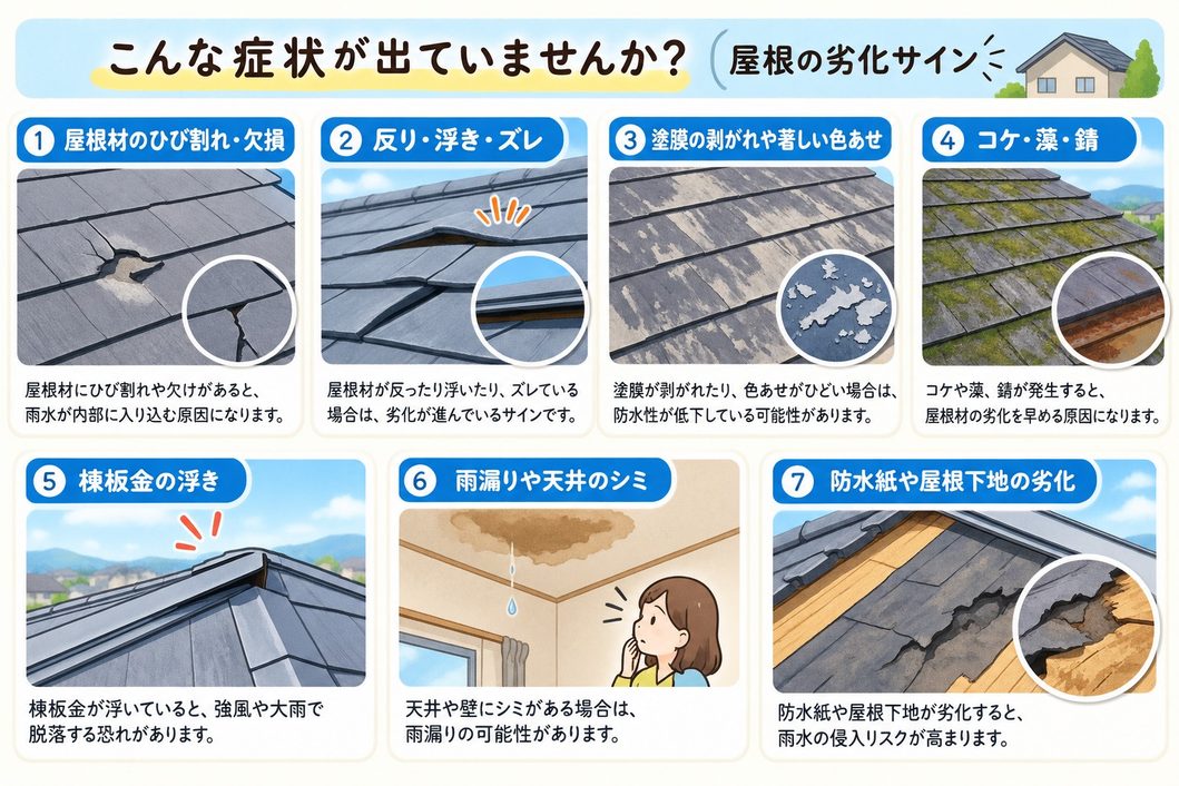 屋根の劣化サイン7つを紹介するイラスト。ひび割れ、反り、浮き、塗膜のはがれ、コケ・錆、棟板金の浮き、雨漏り、防水紙や屋根下地の劣化を説明