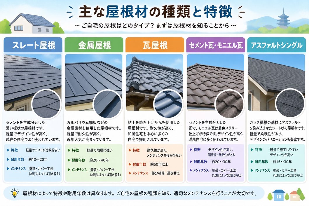 主な屋根材5種類の特徴を紹介するイラスト。
スレート屋根、金属屋根、瓦屋根、セメント瓦・モニエル瓦、アスファルトシングルの特徴や耐用年数、メンテナンス方法を比較している。